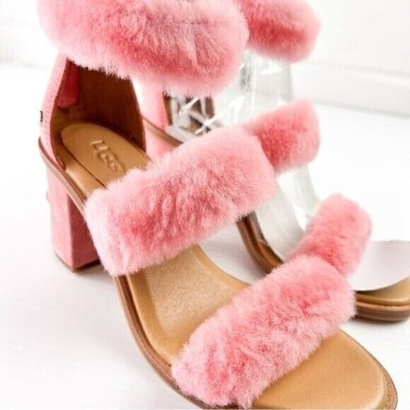 UGG sandals womens 6 Pink Del Rey Fluff Heel Open Toe Zip Closure - Picture 7 of 16